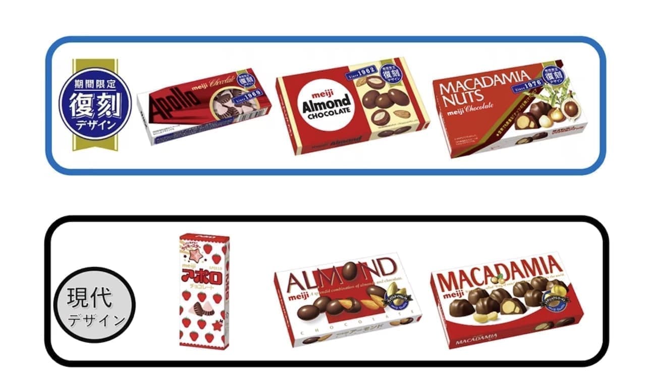 Meiji Reproduction Package "Apollo", "Almond Chocolate", "Macadamia Chocolate".