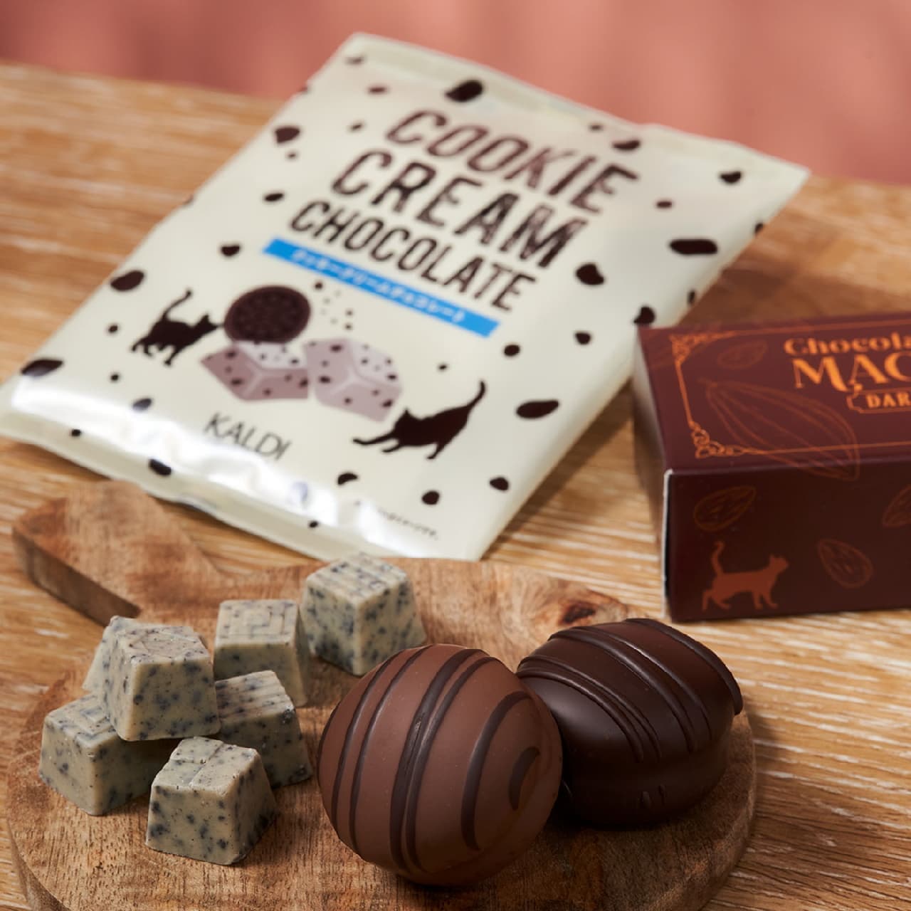 KALDI's "Chocolate-Covered Macarons" and "Cookie Cream Chocolate