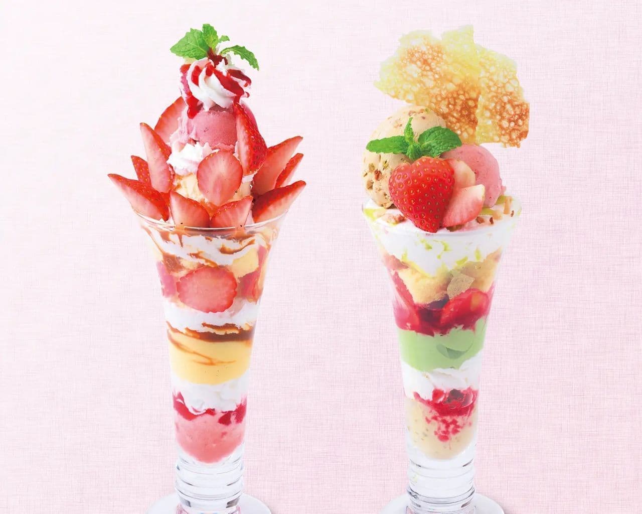 Ginza Kozy Corner "Strawberry Spring Parfait with Custard & Caramel Sauce" and "Spring Colorful Trifle with Rich Pistachio & Refreshing Berry
