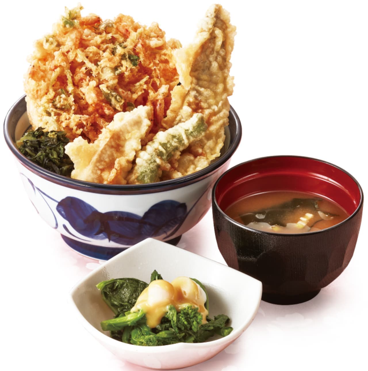 Tendon Tenya "Sakuraebi Tendon Plus a small bowl of spring vegetables (kobashira and nanohana with vinegared miso)".
