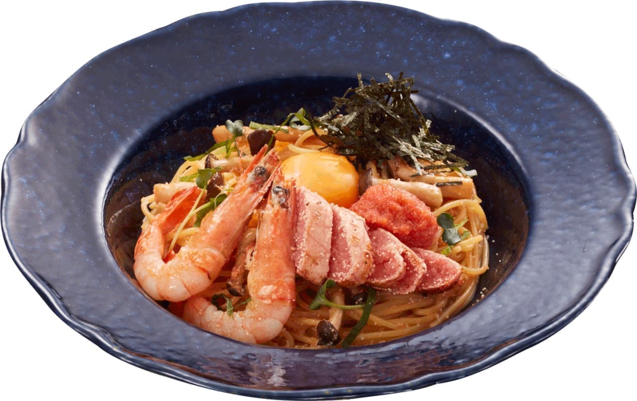 Jolly Pasta "Creative Japanese Pasta with Seared Mentaiko and Arigato Shrimp - with Refreshing Vegetable Dashi