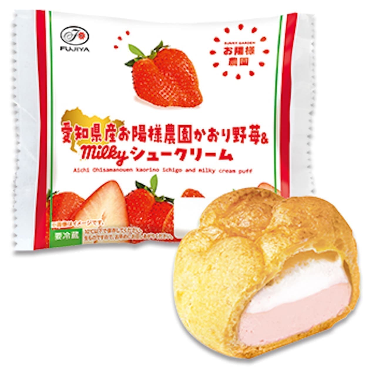 Fujiya New Cake "Kiln-baked Double Cream Puff (Aichi Oyasama Farm Kaorino Strawberry)".