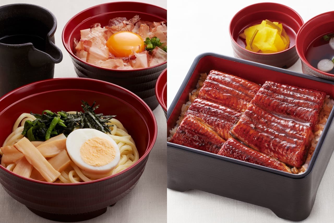 Joyful "Bonito Flavor Thick Tsukemen with Bonito Flakes and Rice" and "Eel Double-Sized Stack".