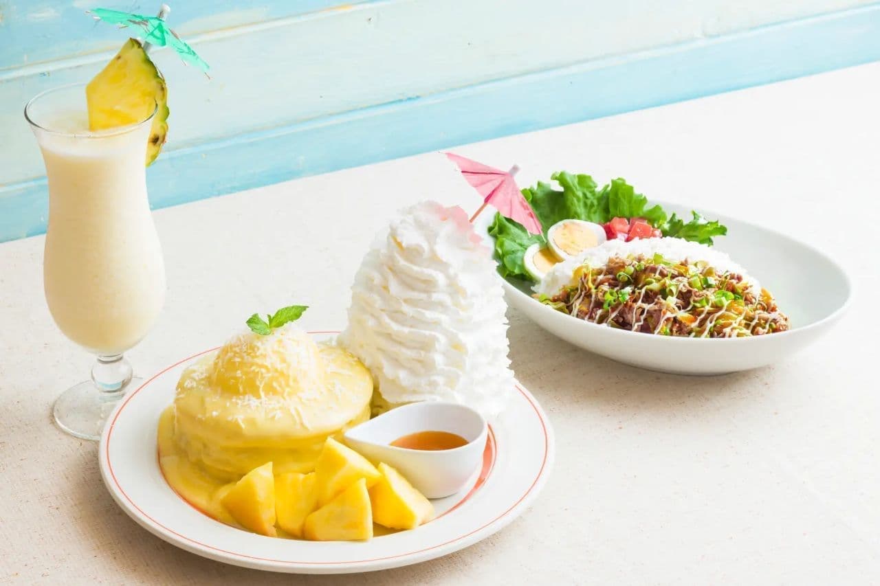 Eggs 'n Things "Tropical Pineapple Pancakes", "Kalua Pork Bowl", "Virgin Pina Colada".