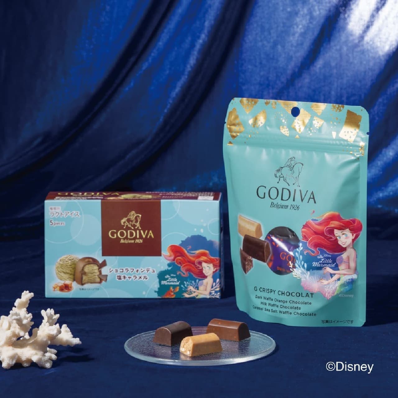 Godiva "G Crispy Chocolat 10 pieces [Little Mermaid]" and "Chocolat Fondue Salted Caramel