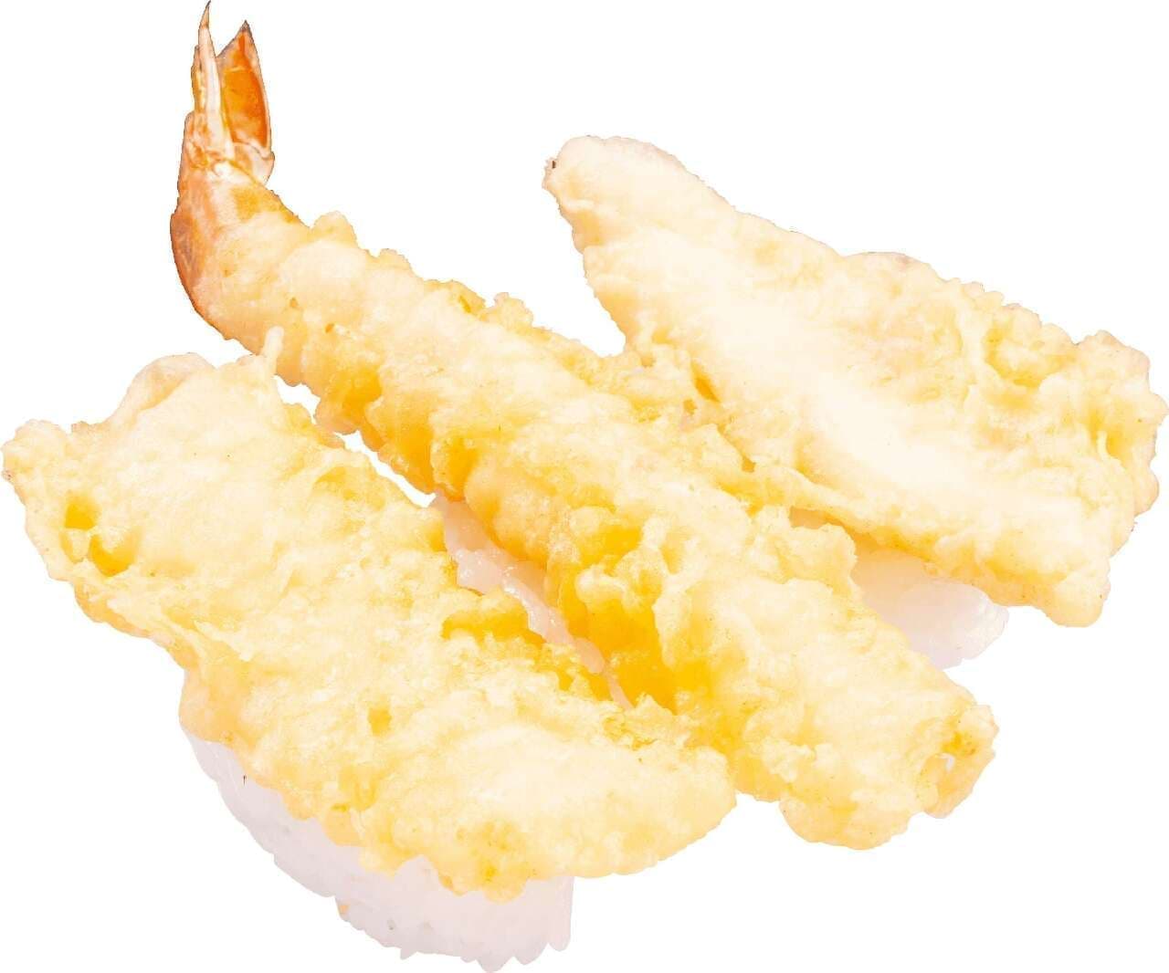 かっぱ寿司「店内揚げ 3種の海鮮天ぷらにぎり食べ比べ（いか・大えび・真鯛）」