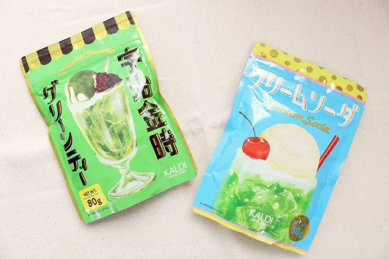 KALDI "Uji Kintoki Green Tea" and "Cream Soda