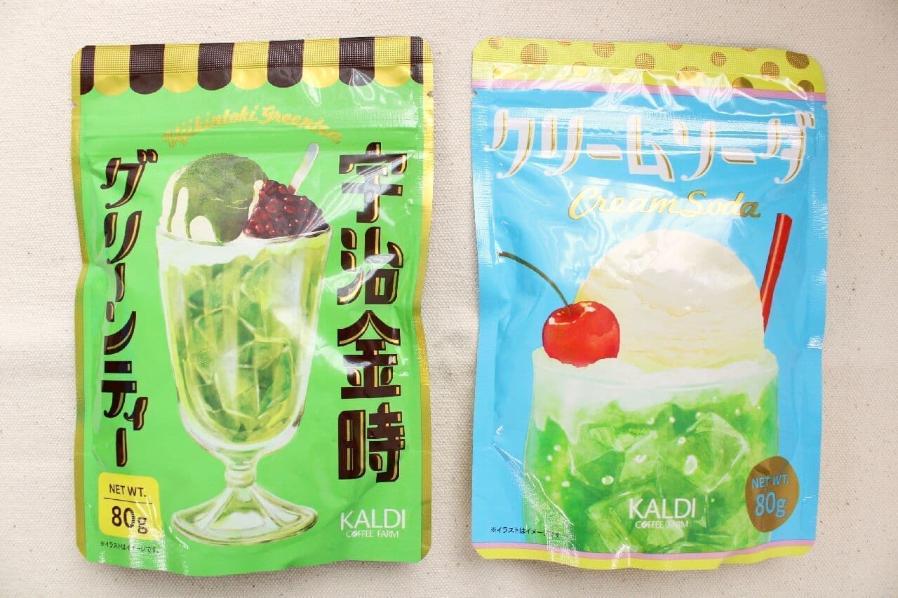 KALDI "Uji Kintoki Green Tea" and "Cream Soda