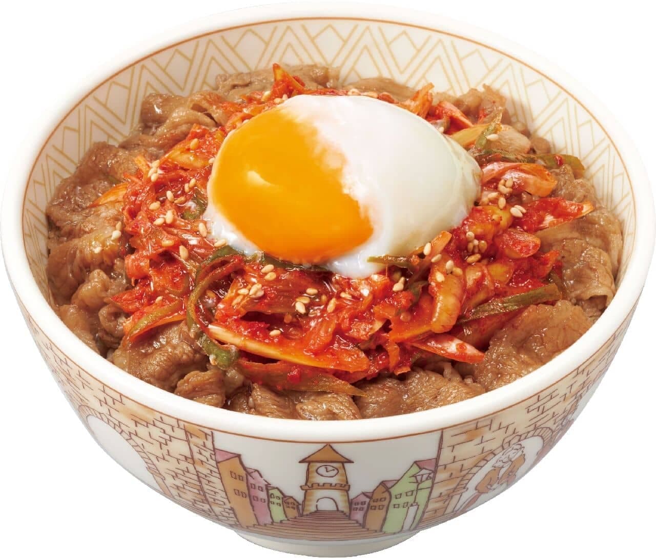 Sukiya "On-tamanegi kimchi gyudon" (beef bowl with onion and kimchi)