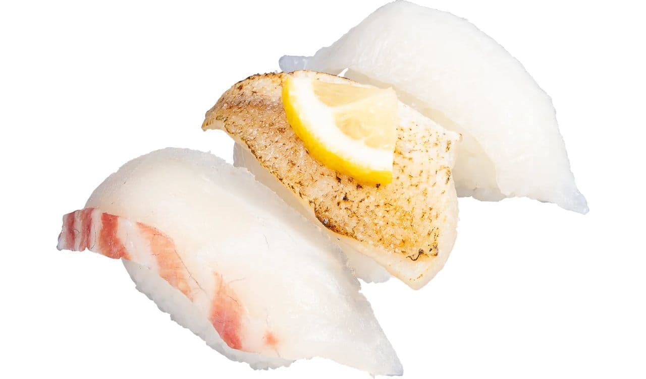 かっぱ寿司「3種の白身食べ比べ（活〆真鯛・のどぐろ塩炙り・えんがわ）」