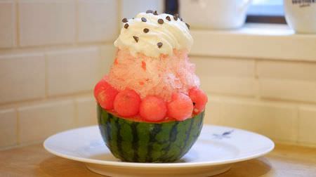 "Whole watermelon shaved ice" is now available at Brothers Cafe--Apricot kernel espuma topping