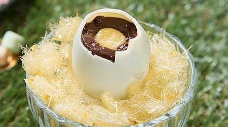 "Easter egg chocolate pudding" on Max Brenner--white chocolate shell is real!