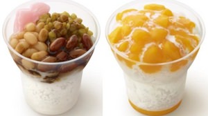 Shaved ice" desserts are now available at Mos Burger, including "Frappe Beans" made with five kinds of beans and "Frappe Mango" full of mango flavor.