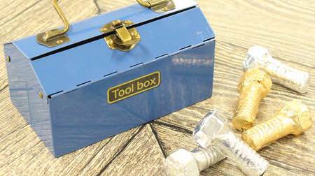 KALDI's "Toolbox Canned Chocolate," retro brass-colored, toolbox-like can with chocolate screws!