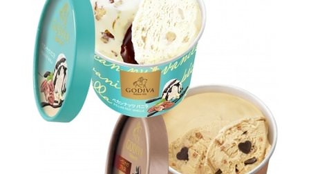 Godiva ice cream "pecan nut vanilla" and "hazelnut praline" at convenience stores--with chocolate sauce and chips
