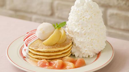 "Pancake with white peach and yogurt sauce" on Eggs'n Things for a limited time--fresh white peach and gelato