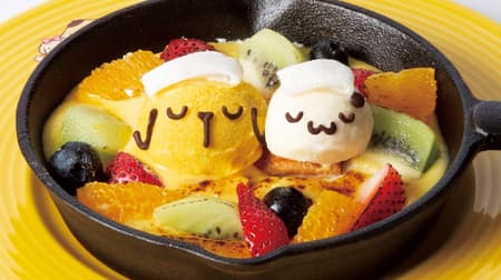 A warm autumn menu such as "Relaxing in a hot spring ♪ Fruit gratin" appears at Pompompurin Cafe