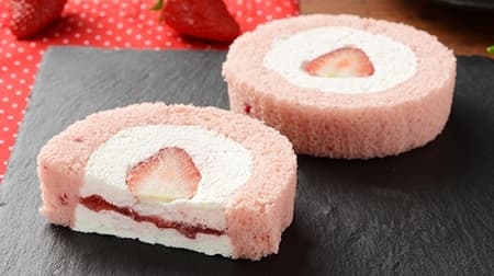 Lots of strawberry sweets and bread at Lawson! Strawberry roll cake, whole strawberry daifuku, strawberry milk melon bread