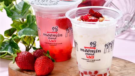 A drink full of strawberries on the Moomin stand! "Strawberry cheesecake" and "Strawberry soda"