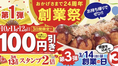 The most popular "Takoyaki" 100 yen discount! Tsukiji Gindaco Founding Festival 2nd and 3rd stamps are doubled and tripled