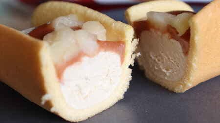 【実食】ローソン「シナモン香る りんごとキャラメルケーキアイス」ふんわり生地にとろけるアイス！シャキシャキりんご果肉を添えて