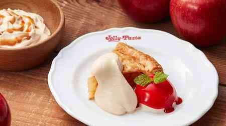 Jolly-Pasta "Caramel whipped apple pie" with vanilla gelato that looks like an apple with a bright red berry sauce
