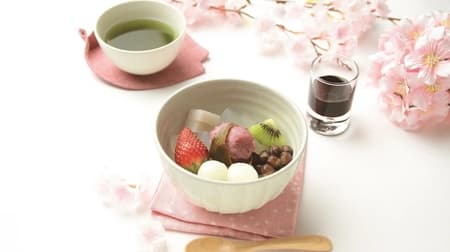 Funabashiya "Ohanami Anmitsu" - seasonal anmitsu with flavorful cherry bean paste and colorful fruits