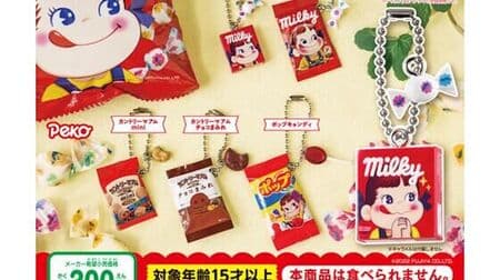 Fujiya Confectionery Mascot Charm 2" from Bandai: "Milky (reissue version)" and "Pop Candy" as miniatures.