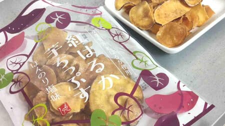 Three Japanese-style snacks from KALDI: "Beniharu sweet potato chips with a hint of saltiness," "Moheji: From Hokkaido, a bite-sized miso walnut rice cake," and "Moheji: Koromame Curry Mame.