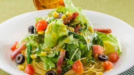 イタリアン・トマト「7種野菜のサラダパスタ」オリジナル野菜ドレッシングでレタス・トマト・インゲンなど仕上げ
