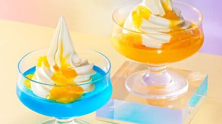 Cafe Veloce "Ramune-style tropical jelly" and "Thick mango jelly" filled with soft-serve ice cream!