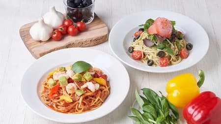 Capricciosa "Spaghetti with shrimp and avocado in summer spicy tomato sauce" and "Cold Pasta "Genovese" with ripe tomato gelato" new regular pasta campaign