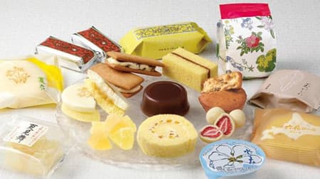 Rokkatei "July Mail Order Snack Shop" special product "Rokka Roll (Golden Plum)" and assortment of seasonal confections "Tamagaeshi" and "Natsukoromo" etc.
