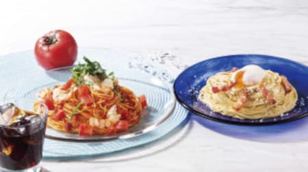 Italian Tomato: Cold "Pasta with natural red shrimp and ripe tomatoes" and "Carbonara with half-boiled egg", summer menu using Fedelini.