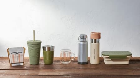Starbucks "ECO-CAMPING" themed goods "Stainless Steel Bottle STANLEY Beige 473ml", "Handle Lid Stainless Steel Bottle Silver 473ml", "Stainless Steel Cup STANLEY 355ml", " Cold Cup Tumbler Bumpy Mat Khaki 473ml, etc.
