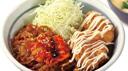 Matsu-no-ya "Bibin Karaage-don" (bibin fried chicken bowl): "devil's bowl" with pork & kimchi tag team, karaage, and mayonnaise on top.
