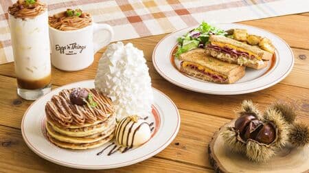 Eggs 'n Things "Mont Blanc Pancakes (Rum Raisin/Custard)", "Pastrami Beef Hot Sandwich", "Mont Blanc Latte".