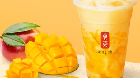 Gong Cha "Luxurious Ripe Mango Milk Tea" with the largest amount of pulpy mango sauce ever packed into a tea, giving it a rich mango flavor.