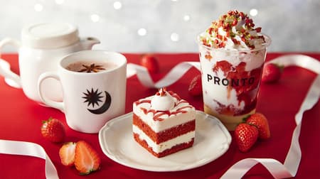 New PRONTO drinks "Strawberry Latte & Custard Cream" and "Strawberry Spiced Milk Tea" and seasonal sweets "Marble Berry Velvet Cake" also available