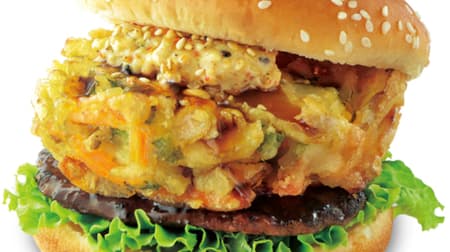Dom Dom Hamburger "Zaku Zaku Kakiage Burger with Sesame and Seven Spice Sauce" Kakiage and beef patties together!