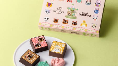 Limited edition chocolate assortment featuring "Godiva meets Atsumare Animal Crossing" characters and other designs.