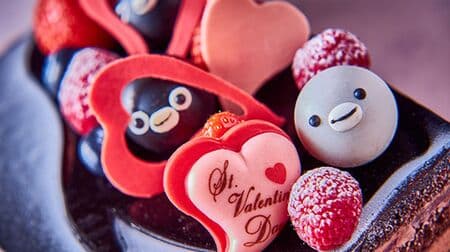 Suica's Penguin Valentine's Day & White Day Cake 2023 Cute decoration with Suica's penguin peeking out from heart-shaped chocolate.