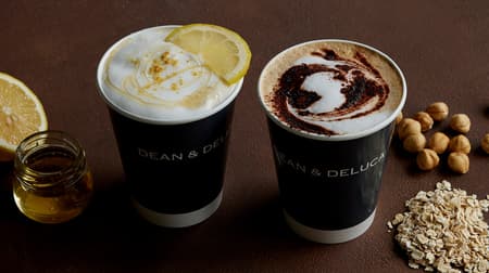 DEAN & DELUCA "Hazelnut Mocha Latte with Oats Milk" and "Honey Lemon Latte with Oats Milk