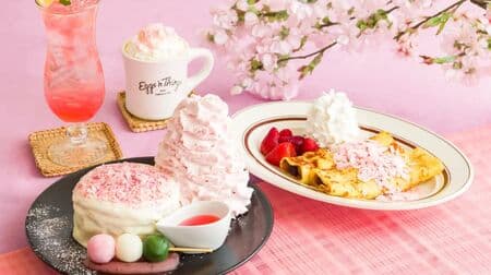 Eggs 'n Things "Sakura Pancakes", "An Butter Crepe", "Sakura Lemonade", "Sakura Milk".