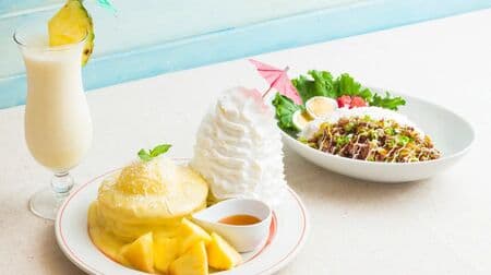 Eggs 'n Things "Tropical Pineapple Pancakes", "Kalua Pork Bowl", "Virgin Pina Colada".