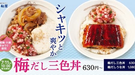 Matsuya "Ume Dashi Sanshoku Don" "Matsuya's Ume Dashi Eel Don" Tataki Ume & Ume Chip! Daikon radish, cucumber, combined dashi Flavor and texture are the main features