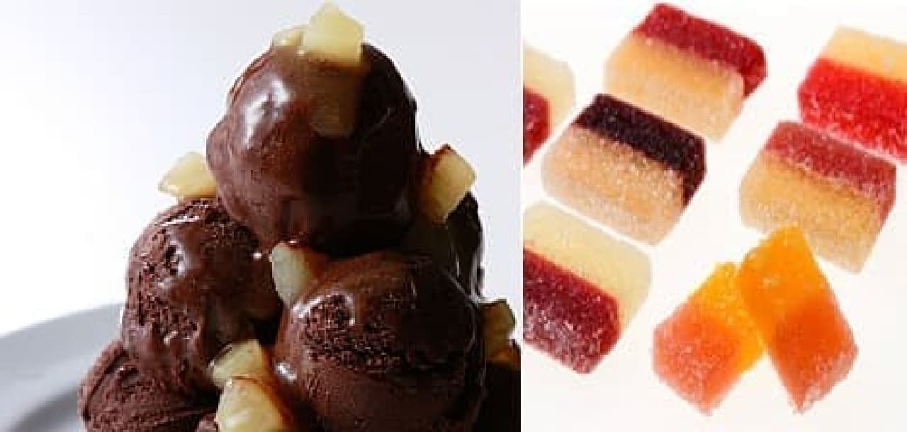  『ジャン=ポール・エヴァン』のチョコレート「Glaces et sauce」（左）と、　　コンフィズリー「パートゥ ドゥ フリュイ」（右）