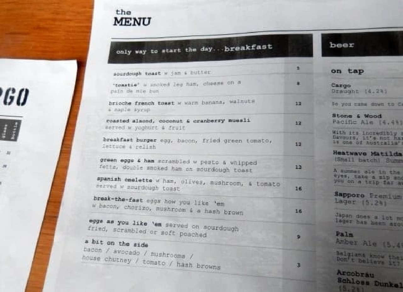 The breakfast menu is sloppy. Beer is lined up next to it