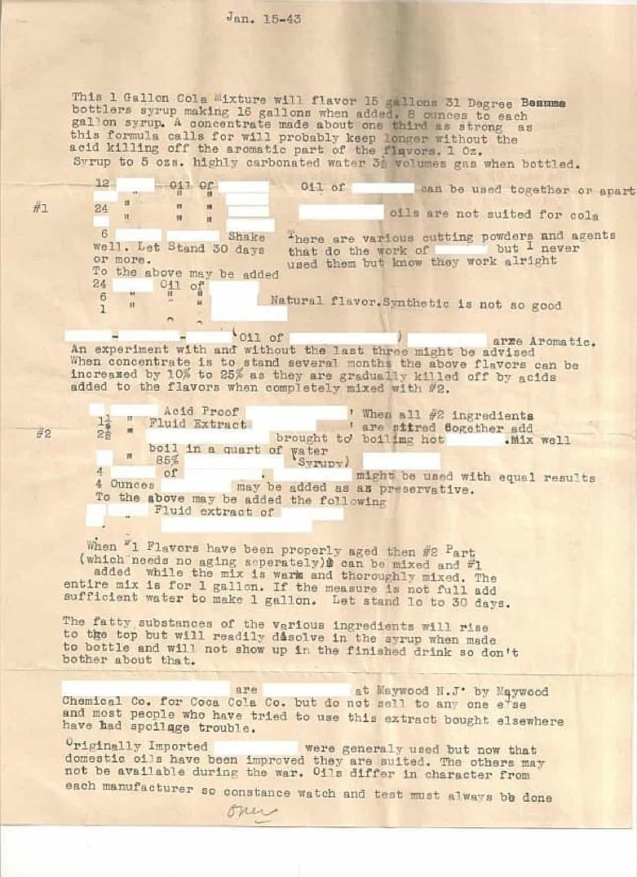 The first page of the document that is said to be a Coca-Cola recipe, the seventh line from the bottom has the description "Coca Cola Co."