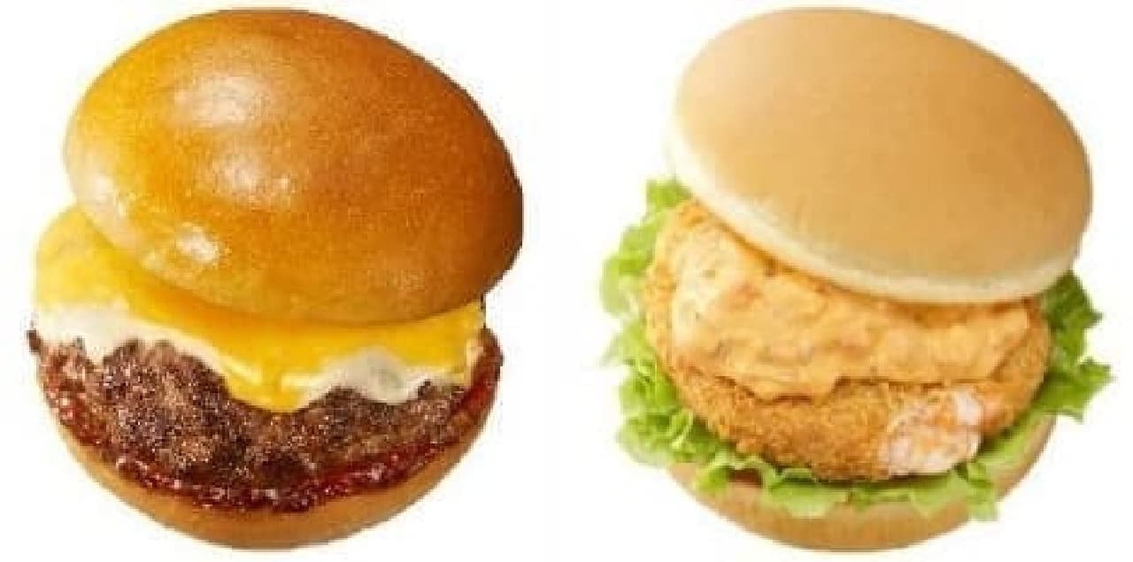 Kawagoe style "excellent cheeseburger" (left), "shrimp burger" (right)